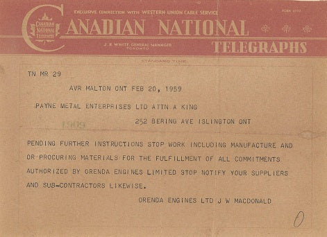 Canadian National Telegraphs stop-work telegram sent to Payne Metal Enterprises on February 20, 1959